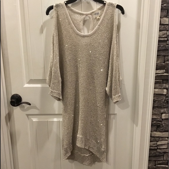 Sexy beige rhinestone dress with shoulder cut - Picture 5 of 6